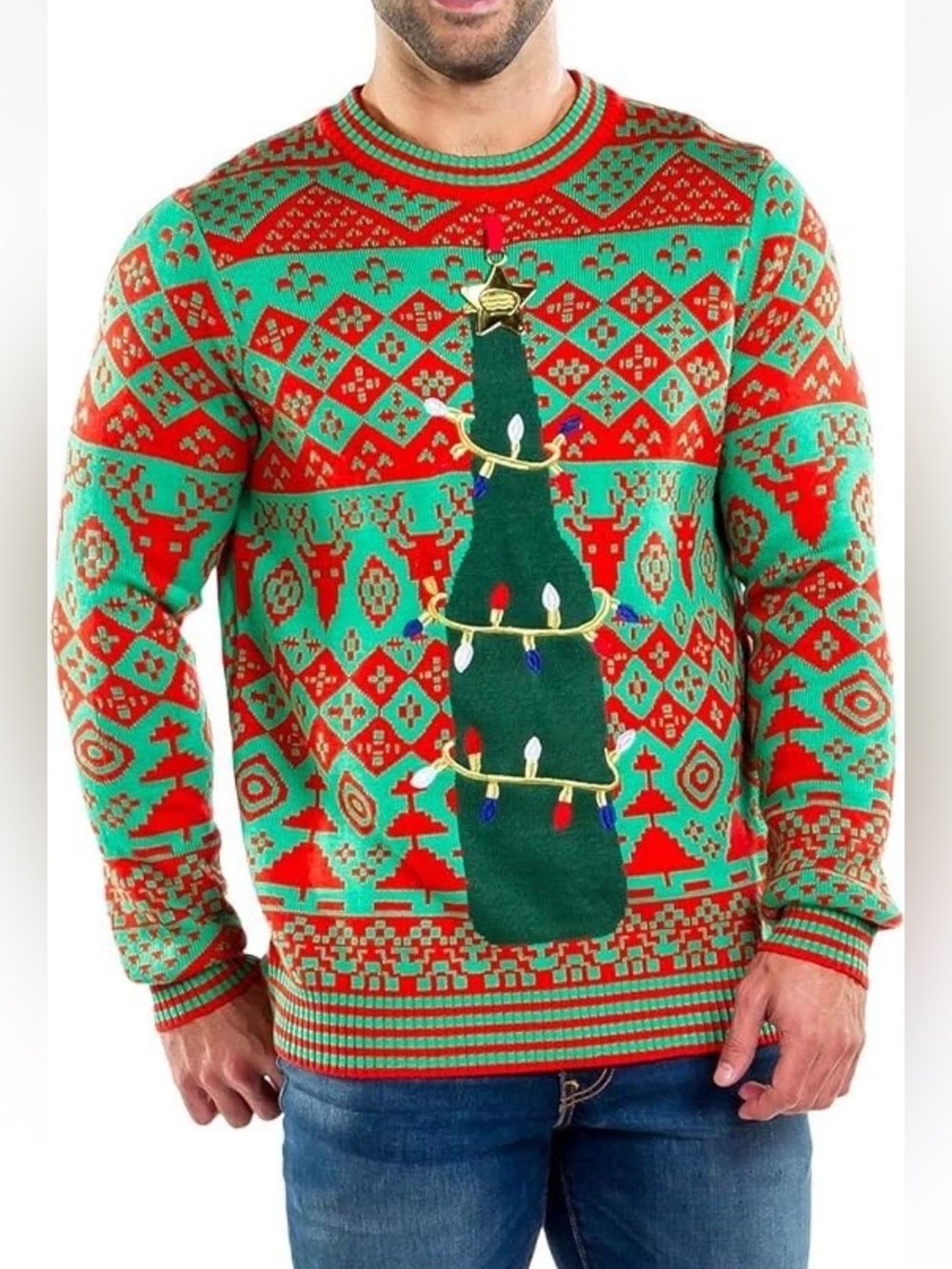 Tipsy Elves Red & Green Christmas Tree Bottle Opener Crewneck Sweater